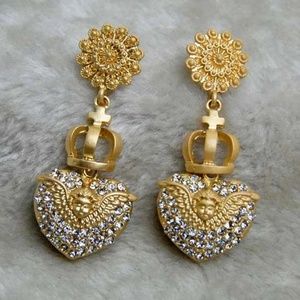 Gold Crowned Pave Winged Cherub Hearts Womens Earrings Fine Jewelry & Gifts New
